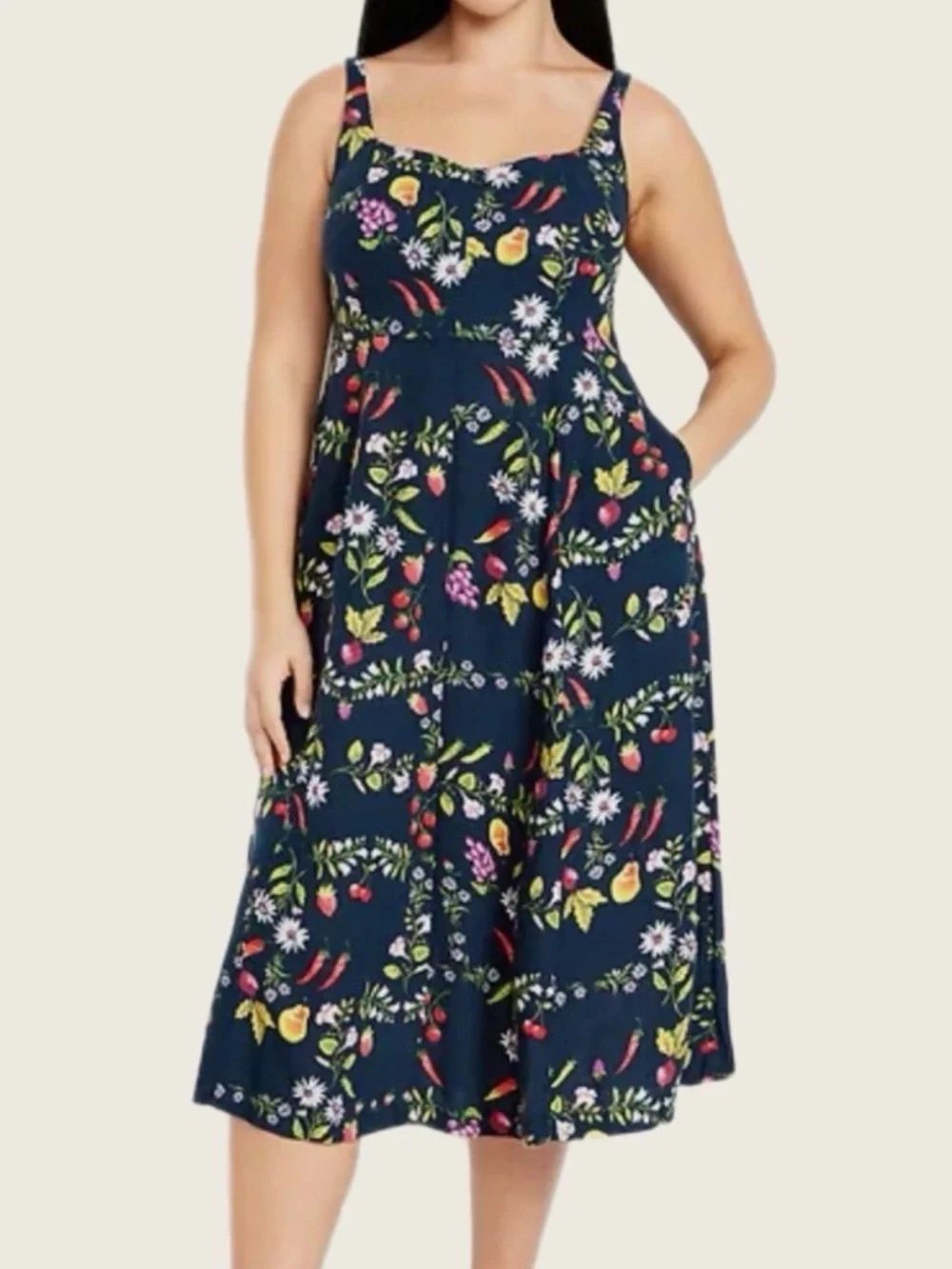 Navy Floral Fit and Flare Linen Midi Dress with Pockets - Picture 1 of 11